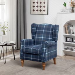 FURNITURE ONE Retro Accent Chair, Soft Padded Fabric Wingback Tartan Armchair in Blue - Size: 1 Pack - thumbnail 1