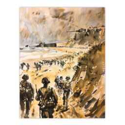 "Artery8 WWII D Day Landing Normandy War Tanks Soldiers Wall Art Print in Light Brown - Size: W18"" x H24""" - thumbnail 1