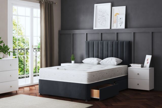 DS Living Amelia Upholstered Steel Panel 2 Draw Divan Bed with Headboard in Grey - Size: Small Double - image 1