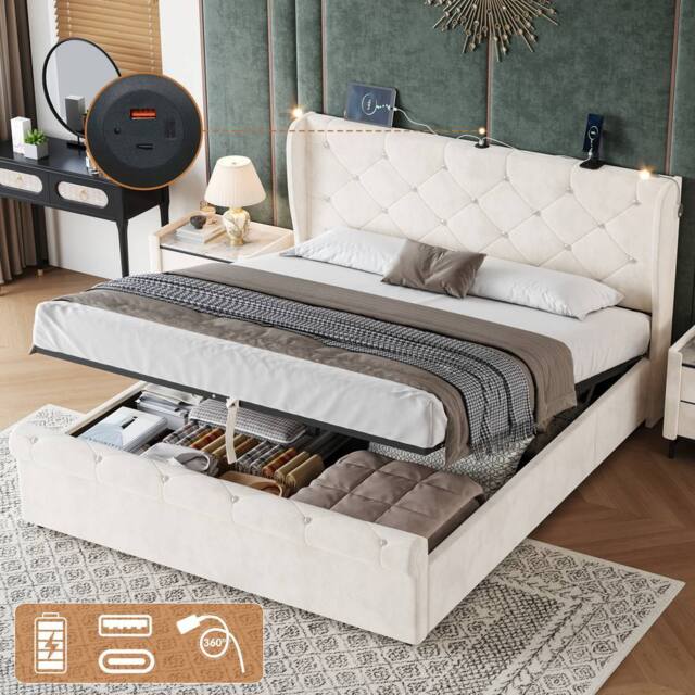 BTM Ottoman Velvet Storage Bed with USB & Reading Light in Grey - Size: Double - image 1