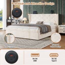 BTM Ottoman Velvet Storage Bed with USB & Reading Light in Grey - Size: Double - thumbnail 8