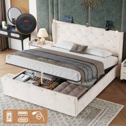 BTM Ottoman Velvet Storage Bed with USB & Reading Light in Grey - Size: Double - thumbnail 1