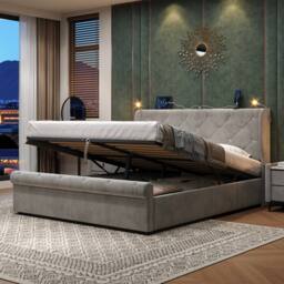 BTM Ottoman Velvet Storage Bed with USB & Reading Light in Grey - Size: Double - thumbnail 2