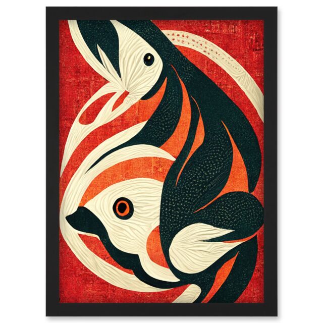 Artery8 Abstract Stylised Japan Koi Carp Fish Painting Artwork Framed Wall Art Print A4 in Black - image 1