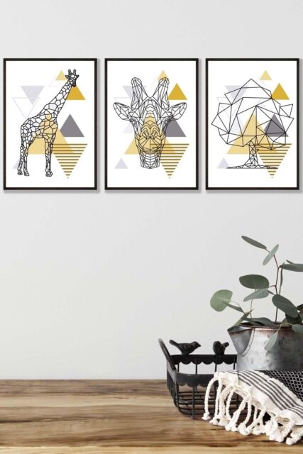 ARTZE Geometric Line Art Yellow Giraffe Tree Set Framed Wall Art - Medium in Black - Size: W45 cm x H62 cm x D20mm - image 1