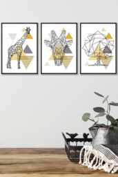 ARTZE Geometric Line Art Yellow Giraffe Tree Set Framed Wall Art - Medium in Black - Size: W45 cm x H62 cm x D20mm - thumbnail 1