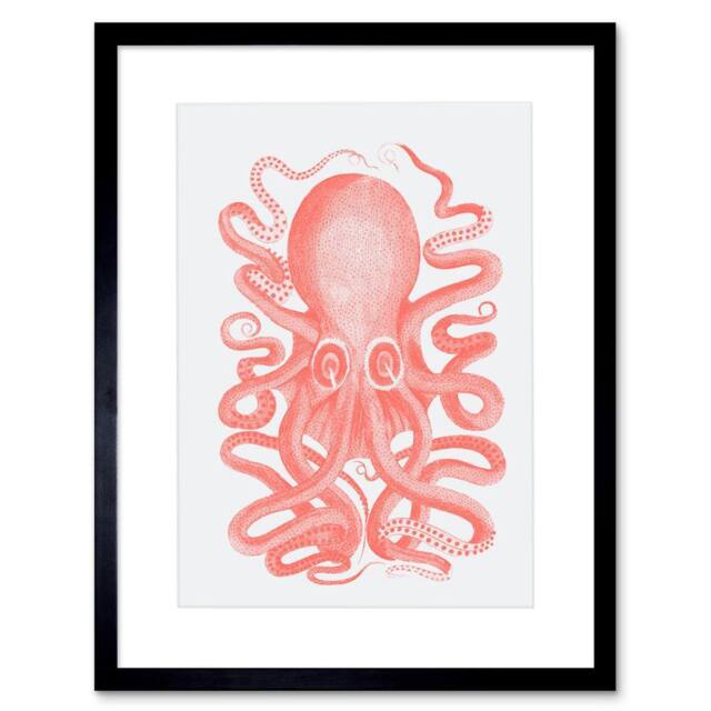 "Wee Blue Coo Living Coral Octopus Bathroom Home Decor 12x16"" Framed Wall Art Print in Pink - Size: W12"" x H16""" - image 1