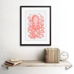 "Wee Blue Coo Living Coral Octopus Bathroom Home Decor 12x16"" Framed Wall Art Print in Pink - Size: W12"" x H16""" - thumbnail 2