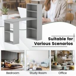 Gymax Modern Compact Writing Desk With Bookcase 6-tier Storage Shelves in Grey - thumbnail 6