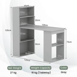 Gymax Modern Compact Writing Desk With Bookcase 6-tier Storage Shelves in Grey - thumbnail 2