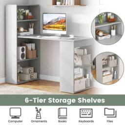 Gymax Modern Compact Writing Desk With Bookcase 6-tier Storage Shelves in Grey - thumbnail 3