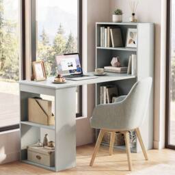 Gymax Modern Compact Writing Desk With Bookcase 6-tier Storage Shelves in Grey - thumbnail 9