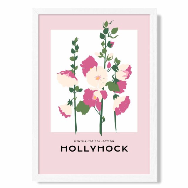 ARTZE Pink Hollyhock Flower Market Boho Framed Print SIZE: A2 with White Frame - Size: A4 - image 1