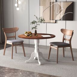 Costway Wooden Dining Table with Round Tabletop & Curved Trestle Legs in Grey - thumbnail 3