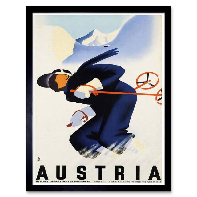 "Artery8 Travel Austria Winter Sport Ski Snow Mountain Alps Framed Art Print in Blue - Size: W12"" x H16""" - image 1