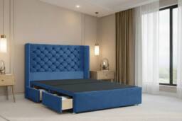 "Nexus Mattresses Ltd Windsor Plush Divan 2 Drawers Foot-End 54""Winged Headboard in Navy - Size: Small Double" - thumbnail 1