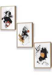 ARTZE Framed Abstract Black, Yellow, Orange Oil Strokes Framed Wall Art - Small in Light Oak - Size: W33 cm x H45 cm x D20mm - thumbnail 1