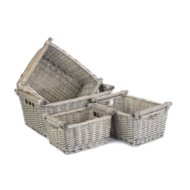 Red Hamper Wicker Set of 4 Antique Wash Wooden Handled Wicker Storage Basket in Grey - image 1