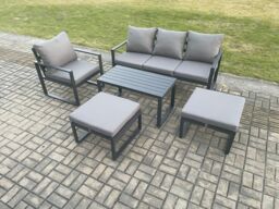 Fimous Aluminium 5 Pieces Garden Furniture Sofa Set with Cushions 6 Seater Outdoor Patio Set with Armchair 2 Big Footstools Dark Grey - thumbnail 2