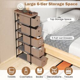 Gymax Narrow Dresser With 5 Drawers Slim Storage Tower Chest of Drawers in Brown - thumbnail 5