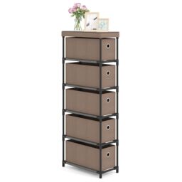 Gymax Narrow Dresser With 5 Drawers Slim Storage Tower Chest of Drawers in Brown - thumbnail 1