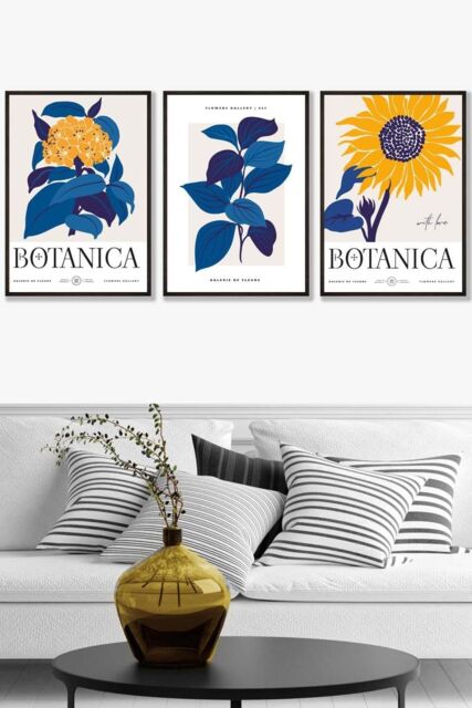 ARTZE Set of 3 Black Framed Bright Blue Flower Market & Yellow Sunflower Wall Art - Size: W53 cm x H73 cm x D20mm - image 1