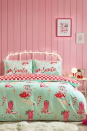 Catherine Lansfield 'Santa's Howdy Christmas' Reversible Duvet Cover Set in Green - Size: Double - thumbnail 1