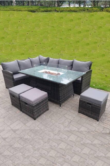 Fimous High Back Corner Rattan Sofa Gas Fire Pit Dining Table Sets Gas Heater 9 Seater 3 Small Footstools in Dark Grey - image 1