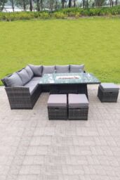Fimous High Back Corner Rattan Sofa Gas Fire Pit Dining Table Sets Gas Heater 9 Seater 3 Small Footstools in Dark Grey - thumbnail 3