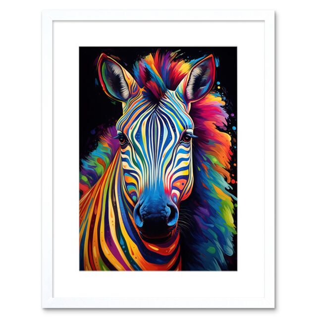 "Artery8 Wall Art Print Rainbow Striped Zebra Colourful Vibrant Bold Psychedelic Neon Impact Artwork Framed 9X7 Inch in White - Size: W7"" x H9""" - image 1