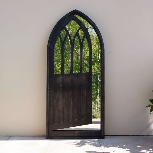 Primrose Open Gate Illusion Garden Mirror Arched Wooden Glass 180cm in Black