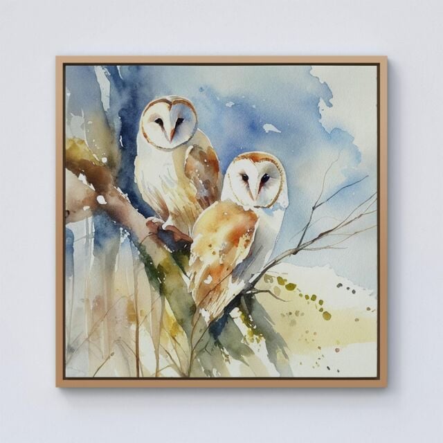 Warren Reed - Designer Barn Owls Watercolour Framed Canvas in Light Brown - Size: w40 inch x h40 inch - image 1