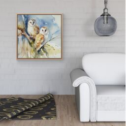 Warren Reed - Designer Barn Owls Watercolour Framed Canvas in Light Brown - Size: w40 inch x h40 inch - thumbnail 2