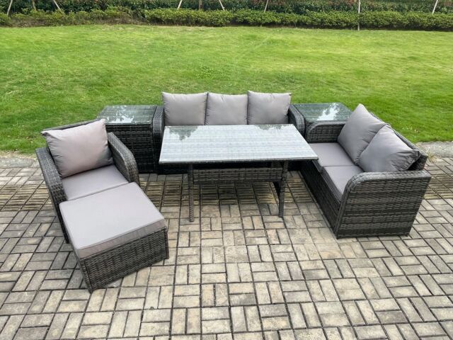 Fimous 7 Piece Rattan Garden Furniture Set with Patio Sofa Rectangular Dining Table 2 Side Table Big Footstool Indoor Conservatory Patio Set - image 1