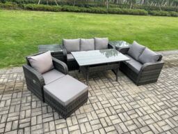 Fimous 7 Piece Rattan Garden Furniture Set with Patio Sofa Rectangular Dining Table 2 Side Table Big Footstool Indoor Conservatory Patio Set - thumbnail 2