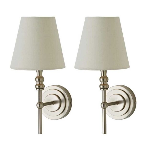 ValueLights Maggie Pair of Wall Lights with Linen Tapered Lamp Shades & Bulbs in Silver - image 1