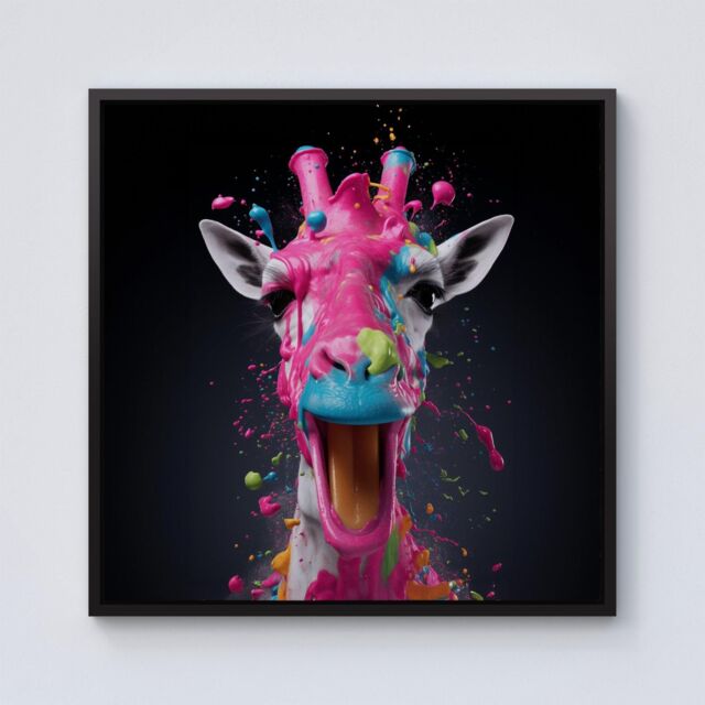 "Warren Reed - Designer Splashart Giraffe Face Pink Framed Canvas in Black - Size: W16"" x H16""" - image 1