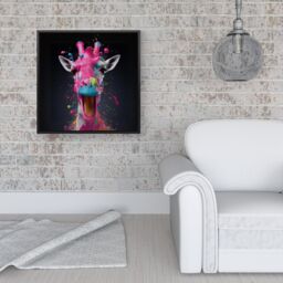 "Warren Reed - Designer Splashart Giraffe Face Pink Framed Canvas in Black - Size: W16"" x H16""" - thumbnail 2