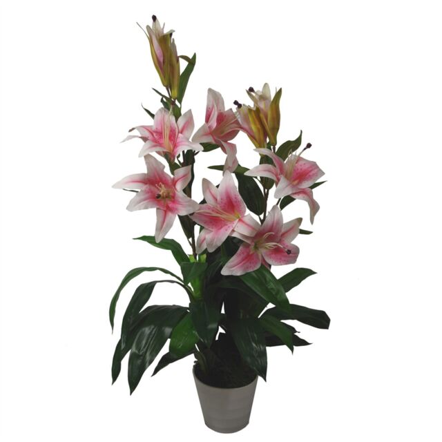 Leaf Artificial Lily Plant Stargazer Style 90cm Pink White Pot in Dark Pink - image 1