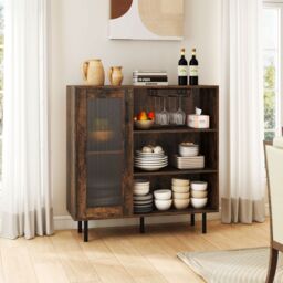 Costway Coffee Bar Cabinet Sideboard with Door & Adjustable Shelf in Brown - thumbnail 3
