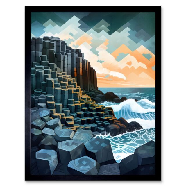 Artery8 Wall Art Print Giant's Causeway Northern Ireland Basalt Formations & Polygonal Clouds Modern Watercolour Painting Art Framed - image 1