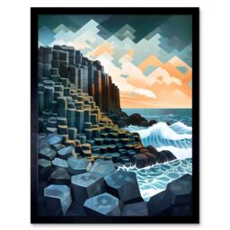 Artery8 Wall Art Print Giant's Causeway Northern Ireland Basalt Formations & Polygonal Clouds Modern Watercolour Painting Art Framed - thumbnail 1