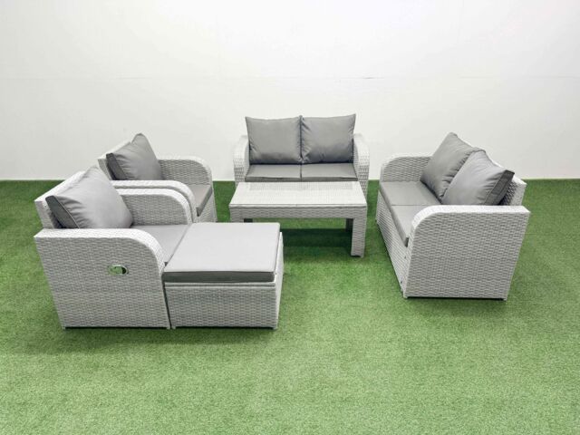 Fimous 7 Seater Outdoor Reclining Chair Love Sofa Set Rattan Garden Furniture Set with Oblong Coffee Table Footstool Light Grey - image 1