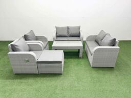 Fimous 7 Seater Outdoor Reclining Chair Love Sofa Set Rattan Garden Furniture Set with Oblong Coffee Table Footstool Light Grey - thumbnail 1