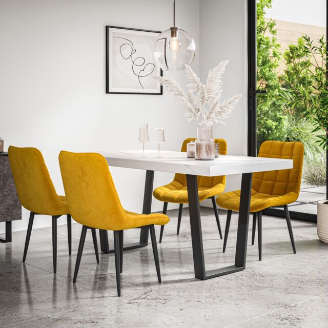 More4Homes Aria Dining Table & Chairs - White Marble Effect Table Top w Black Legs + Nova Velvet Dining Chair Set Of 6 in Mustard - image 1