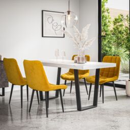 More4Homes Aria Dining Table & Chairs - White Marble Effect Table Top w Black Legs + Nova Velvet Dining Chair Set Of 6 in Mustard - thumbnail 1