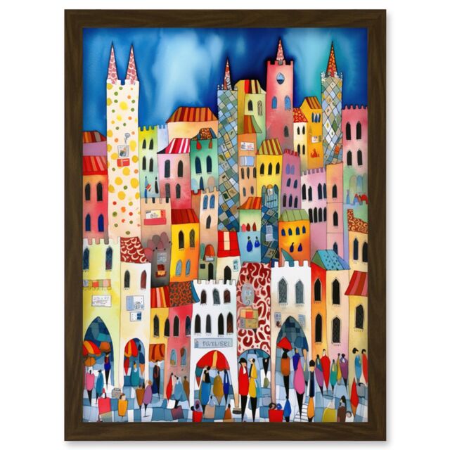 Artery8 Busy Street Vertical Cityscape Folk Art Watercolour Painting Artwork Framed Wall Art Print A4 in Brown - image 1