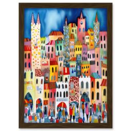 Artery8 Busy Street Vertical Cityscape Folk Art Watercolour Painting Artwork Framed Wall Art Print A4 in Brown - thumbnail 1