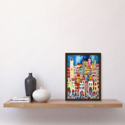 Artery8 Busy Street Vertical Cityscape Folk Art Watercolour Painting Artwork Framed Wall Art Print A4 in Brown - thumbnail 2