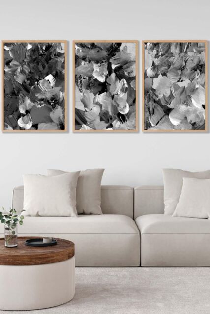 ARTZE Set of 3 Oak Framed Abstract Wild Garden Flowers in Black & Grey Wall Art - Size: W33 cm x H45 cm x D20mm - image 1
